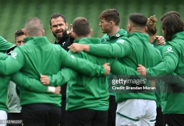 Dublin , Ireland - 3 July 2021; Ireland head coach Andy Farrell speaks to his players before the International Rugby Friendly match between Ireland...