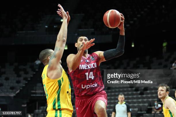 Gustavo Ayon of Mexico shoots during during the 2020 FIBA Men's Olympic Qualifying Tournament game between Brazil and Mexico at Spaladium Arena on...