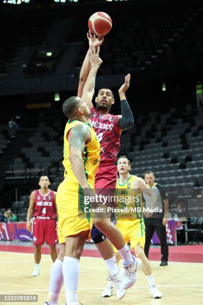 Gustavo Ayon of Mexico shoots during during the 2020 FIBA Men's Olympic Qualifying Tournament game between Brazil and Mexico at Spaladium Arena on...