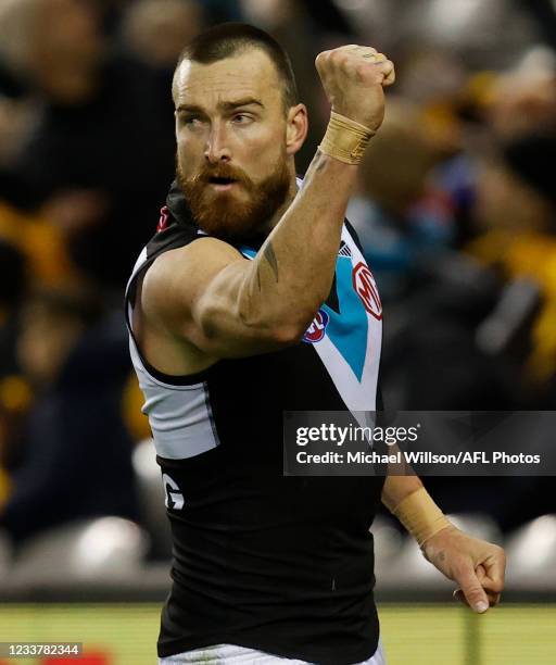 Charlie Dixon of the Power celebrates a goal during the 2021 AFL Round 16 match between the Hawthorn Hawks and the Port Adelaide Power at Marvel...