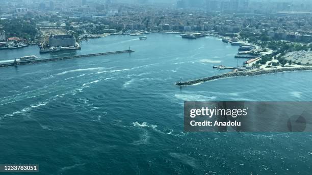 An aerial photo shows mucilage disappearing from the surface of the north eastern coasts of Marmara sea Turkey on July 02, 2021.