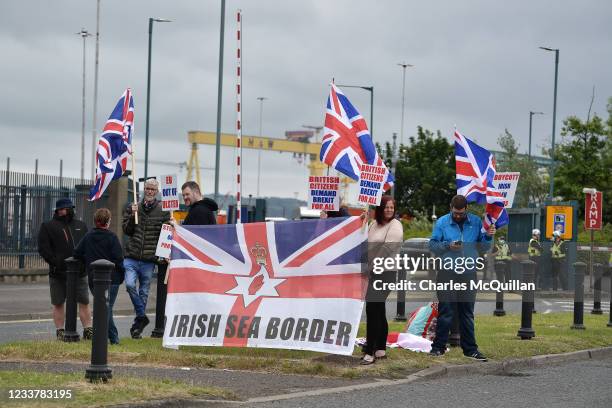 Loyalists hold a protest against the Northern Ireland Protocol and the so called Irish sea border at Belfast Harbour on July 3, 2021 in Belfast,...