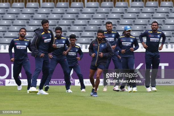 Sri Lanka players warm up during an England & Sri Lanka Nets Session at Bristol County Ground on July 3, 2021 in Bristol, England.