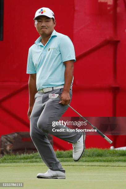 Golfer Sung Kang putts on the 9th hole on July 3, 2021 during the Rocket Mortgage Classic at the Detroit Golf Club in Detroit, Michigan.