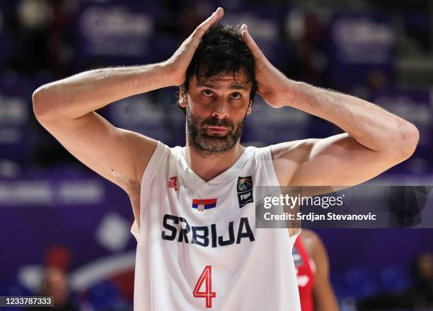 Milos Teodosic of Serbia reacts during the FIBA Basketball Olympic Qualifying Tournament semi final match between Serbia and Puerto Rico at...