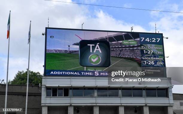 Dublin , Ireland - 3 July 2021; The big screen shows the result of Hawk-Eye, awarding a point to Wexford, scored by Liam Ryan, for the last score of...
