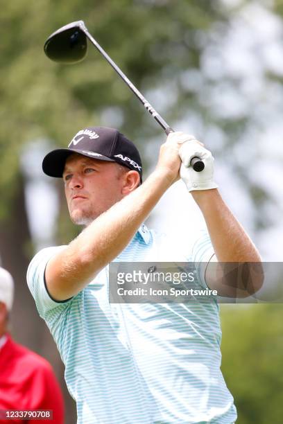 Golfer Tom Lewis hits his tee shot on the second hole on July 3, 2021 during the Rocket Mortgage Classic at the Detroit Golf Club in Detroit,...