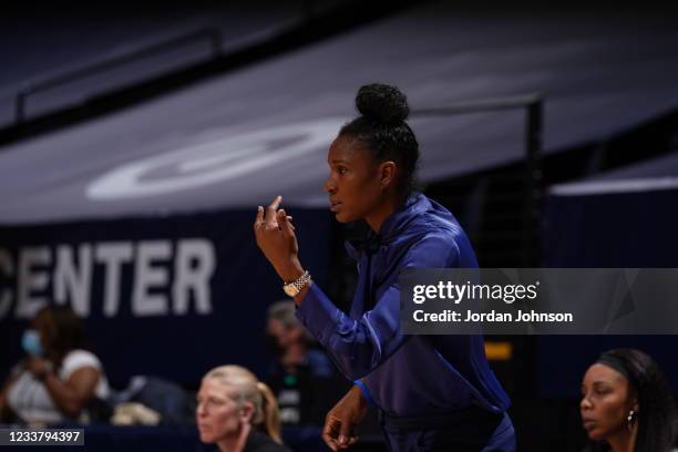 Assistant Coach Rebekkah Brunson of the Minnesota Lynx coaches against the Las Vegas Aces on June 25, 2021 at Target Center in Minneapolis,...