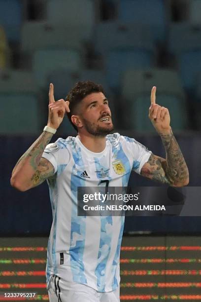 Argentina's Rodrigo De Paul celebrates after scoring against Ecuador during their Conmebol 2021 Copa America football tournament quarter-final match...