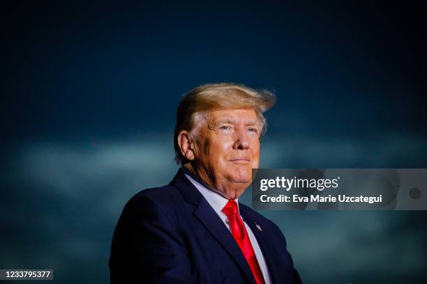 Former U.S. President Donald Trump arrives to hold a rally on July 3, 2021 in Sarasota, Florida. Co-sponsored by the Republican Party of Florida, the...