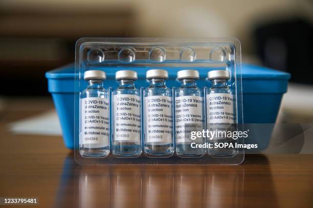 Vials containing Oxford/AstraZeneca Covid-19 vaccine are seen at a vaccination centre in London.