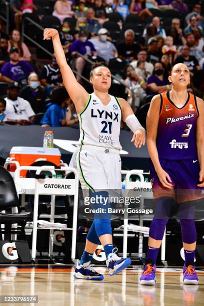 Kayla McBride of the Minnesota Lynx shoots the ball against the Phoenix Mercury on July 3, 2021 at the Phoenix Suns Arena in Phoenix, Arizona. NOTE...