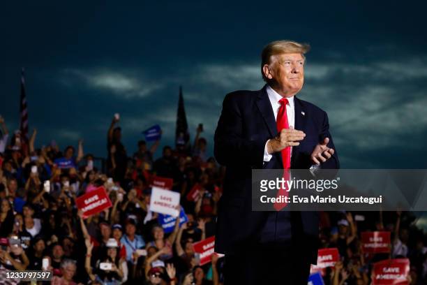 Former U.S. President Donald Trump arrives to hold a rally on July 3, 2021 in Sarasota, Florida. Co-sponsored by the Republican Party of Florida, the...