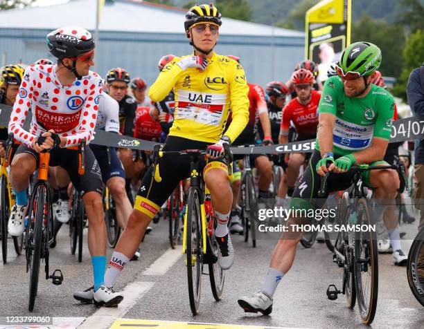 Team UAE Emirates' Tadej Pogacar of Slovenia wearing the leader yellow jersey, Team Bahrain's Wout Poels of Netherlands wearing best climber's polka...