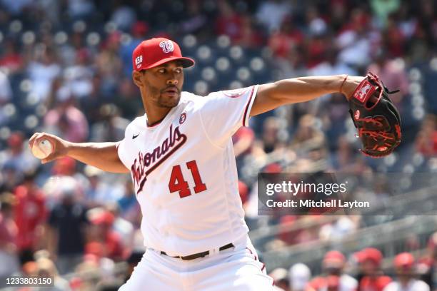 Joe Ross of the Washington Nationals pitches in the first inning during a baseball game against the Los Angeles Dodgers at Nationals Park on July 4,...