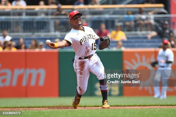 Wilmer Difo of the Pittsburgh Pirates throws to first base to force out Keston Hiura of the Milwaukee Brewers in the second inning during the game at...