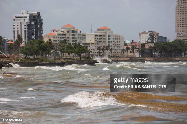 Strong waves and sargassum brought by the tide are seen at the Malecon after the passage of storm Elsa in Santo Domingo, on July 4, 2021. - On its...