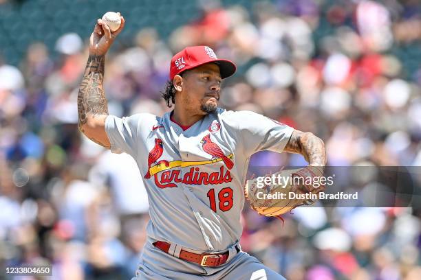 Carlos Martinez of the St. Louis Cardinals pitches against the Colorado Rockies in the first inning of a game at Coors Field on July 4, 2021 in...