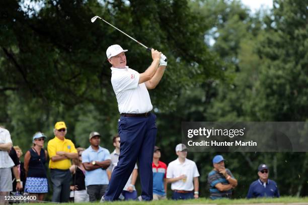 Ernie Els of South Africa hits his tee shot on the seventh hole during the final round of PGA TOUR Champions DICKS Sporting Goods Open at En-Joie...