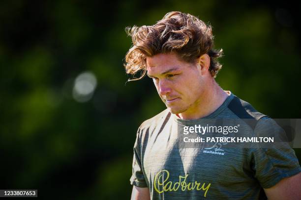 Australia's rugby player Michael Hooper looks on during a training session at Sanctuary Cove, Gold Coast on July 5 ahead of the first rugby union...