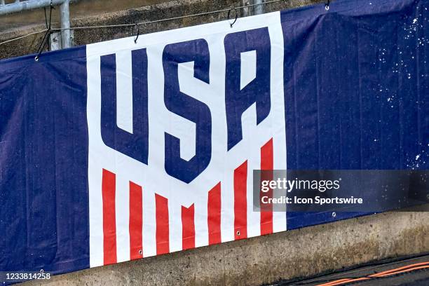 Detail view of the United States Soccer federation logo is seen on a banner in action during a friendly match between USA and Mexico on July 01 at...