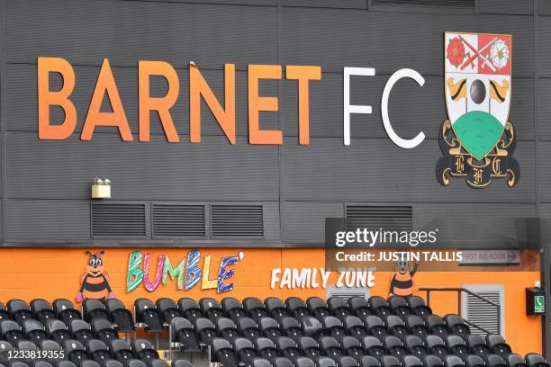 Picture shows the logo of Barnet FC at The Hive Stadium in London on July 5, 2021.