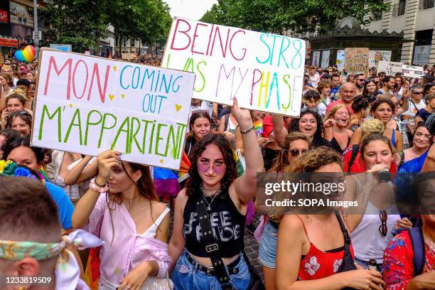 Participants seen holding placards expressing their opinion during the pride march. For this 2021 edition of the Pride March 500 people marched in...