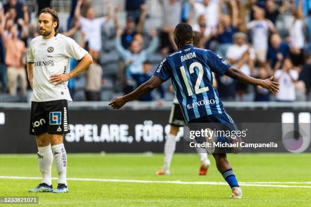 Emmanuel Banda celebrates scoring the 3-0 goal during the Allsvenskan match between Djurgardens IF and Orebro SK at Tele2 Arena on July 5, 2021 in...