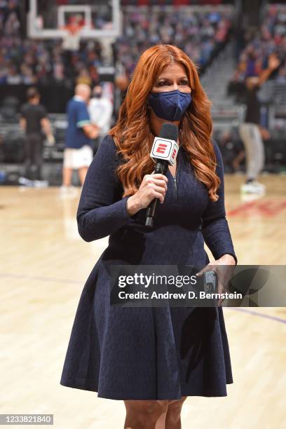 Sideline reporter, Rachel Nichols looks on before the game between the Dallas Mavericks and the LA Clippers during Round 1, Game 7 of the 2021 NBA...