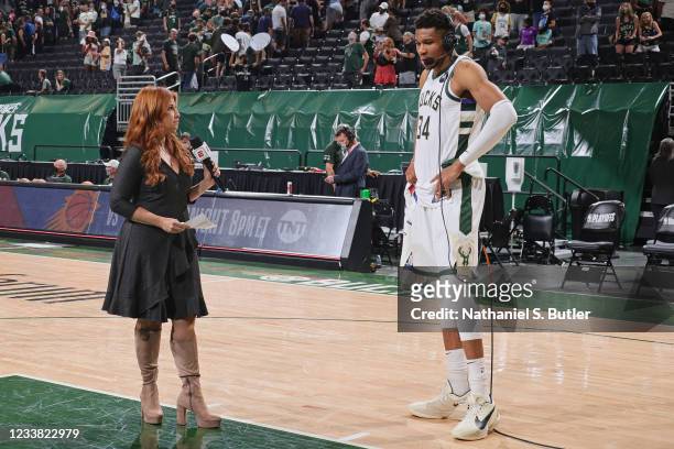 Sideline reporter, Rachel Nichols interviews Giannis Antetokounmpo of the Milwaukee Bucksduring Round 2, Game 4 of the 2021 NBA Playoffs on June 13...