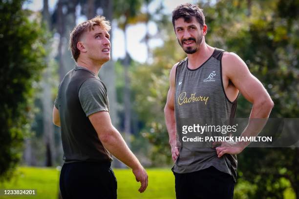 Australia's rugby players Jake Gordon and Tate McDermott attend a training session at Sanctuary Cove in Gold Coast on July 06 ahead of their first...