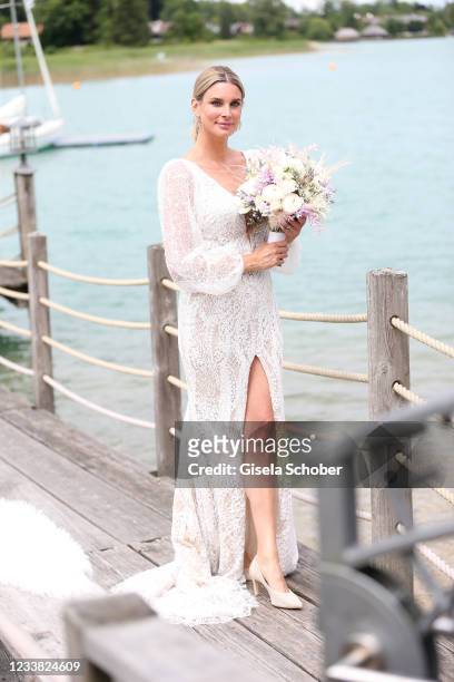 Claudelle Deckert during the wedding ceremony of Claudelle Deckert and Peter Olsson on July 5, 2021 at Faehrhuette in Tegernsee, Germany.