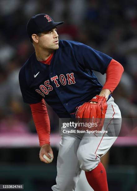 Boston Red Sox pitcher Adam Ottavino pitching in the ninth inning of a game against the Los Angeles Angels played on July 5, 2021 at Angel Stadium in...