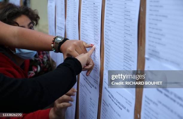 Student check the results of the baccalaureat exam at a high school in Saint-Denis de la Reunion, on the French island of Reunion in the Indian...