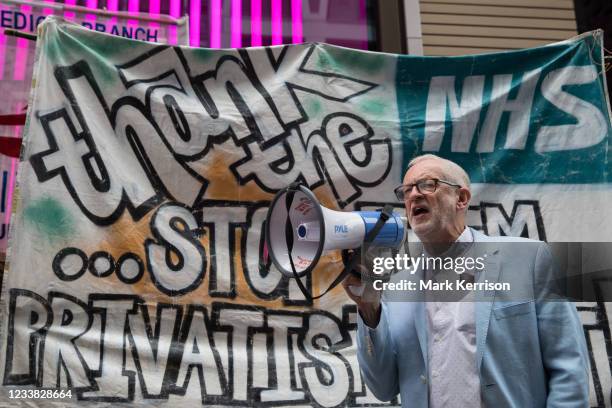 Former Labour Party leader Jeremy Corbyn addresses health workers and supporters at a rally organised by Doctors in Unite outside the Department of...