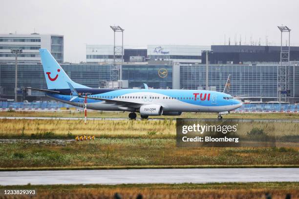 Boeing Co. 737-800 passenger aircraft, operated by TUI AG, taxis at Frankfurt Airport in Frankfurt, Germany, on Tuesday, July 6, 2021. TUI has raised...