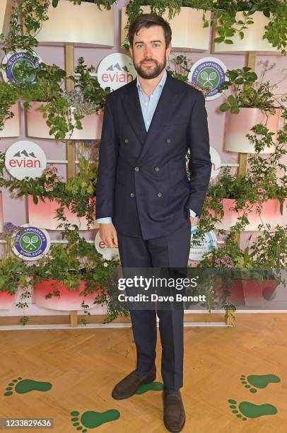Jack Whitehall poses in evian's VIP suite, certified as carbon neutral by The Carbon Trust, during day eight of The Championships at Wimbledon on...