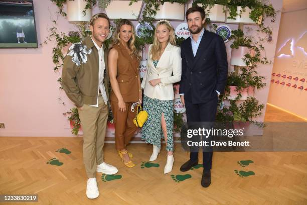 Olly Murs, Amelia Tank, Laura Whitmore and Jack Whitehall pose in evian's VIP suite, certified as carbon neutral by The Carbon Trust, during day...