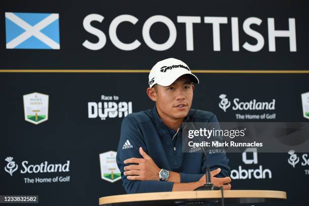 Collin Morikawa of United States speaks at a press conference during a practice day prior to the abrdn Scottish Open at The Renaissance Club on July...