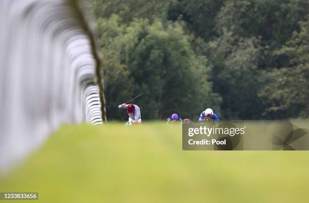 Runners and riders during the Ben And Mary Hibbert Memorial Maiden Stakes at Pontefract Racecourse on July 6, 2021 in Pontefract, England.