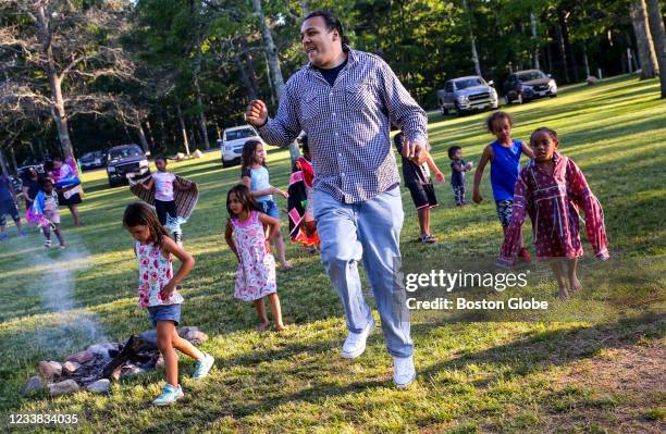 Brian Weeden danced with kids at Mashpee Wampanoag cultural night in Mashpee, MA on June 18, 2021. Weeden is the youngest chairman to ever be elected...