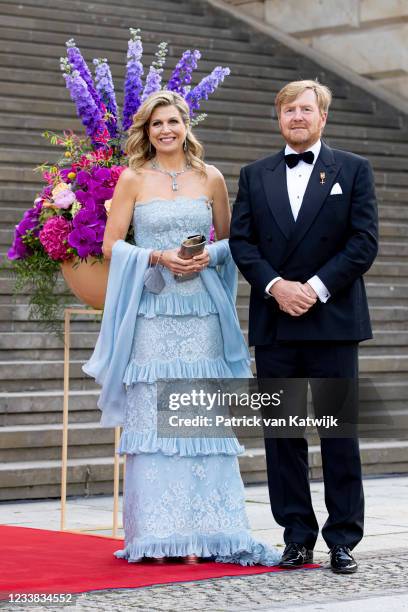 King Willem-Alexander of The Netherlands and Queen Maxima of The Netherland arrive at the Konzerthaus am Gendarmenmarkt on July 06, 2021 in Berlin,...