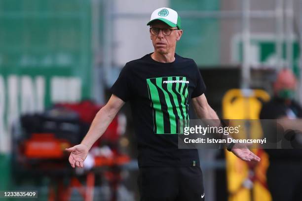 Peter Stöger, Manager of Ferencvarosi TC reacts during the UEFA Champions League First Qualifying Round 1st Leg match between Ferencvarosi TC v FC...