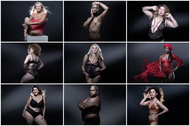Combo of pictures made on July 2, 2021 shows Body Positive activists posing in lingerie during a photo session in Paris on June 30 , 2021.