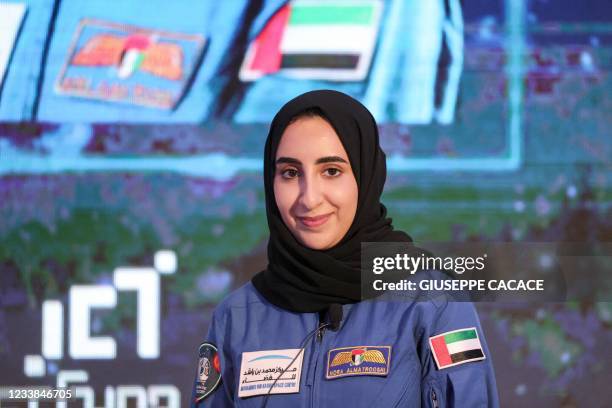 Astronaut Nora al-Matrooshi looks on during a press conference in Dubai on July 7, 2021. - The UAE's Nora al-Matrooshi is the first Arab woman to...