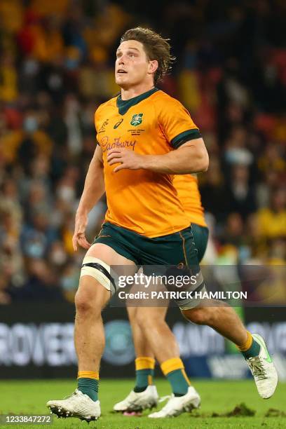 Australia's captain Michael Hooper runs for ball during the first of the three rugby union Test matches between Australia and France at Suncorp in...