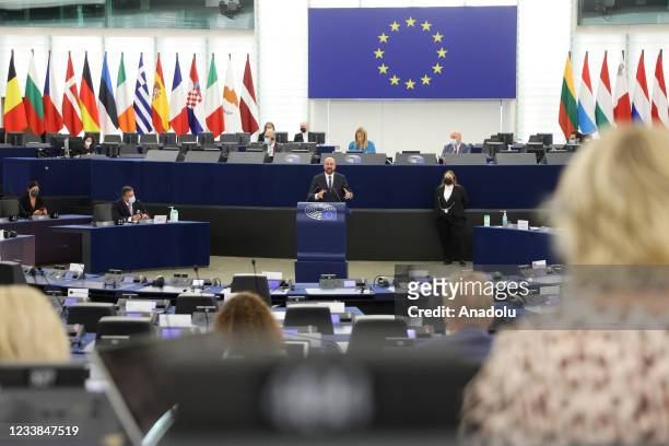 Council President Charles Michel speaks during the session regarding the results of the EU Leaders' Summit at the European Parliament in Strasbourg,...