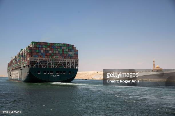 Evergreen ship leaves Suez Canal to the Mediterranean after the signing of the settlement contract, on July 7, 2021 in Ismailia, Egypt. The ship had...