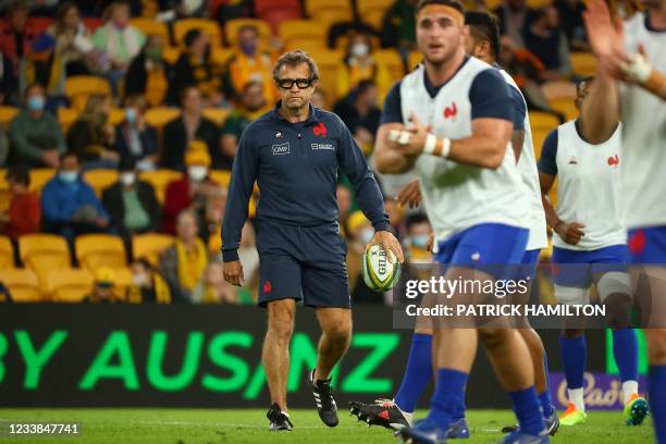 France's head coach Fabien Galthie watches his players prior the first of the three rugby union Test matches between Australia and France at Suncorp...