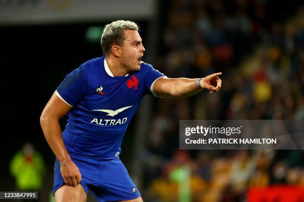 France's Arthur Vincent gestures during the first of the three rugby union Test matches between Australia and France at Suncorp in Brisbane on July...